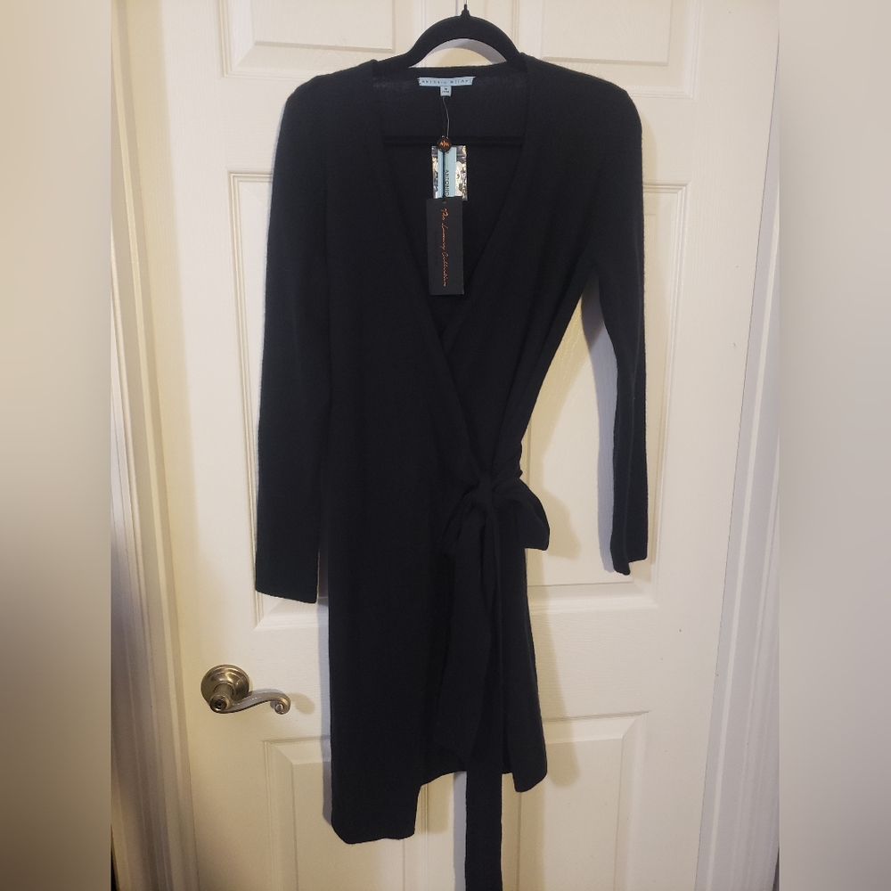 ANTONIO MELANI Black Long Sleeve Wrap Dress, 100% Cashmere, M